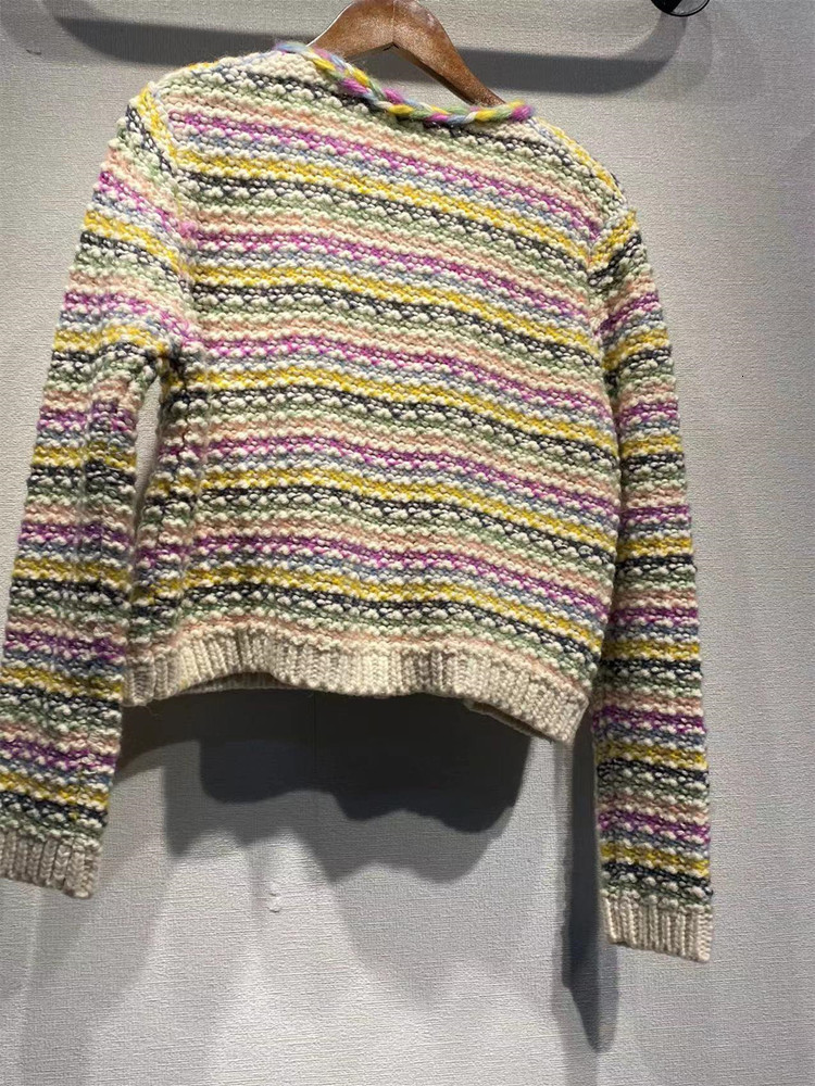 Women's Knits Tees Autumn Winter Women Rainbow Stripes Sweet Sweater Wool Blends Single Breasted Female Round Neck Knit Cardigan 230324