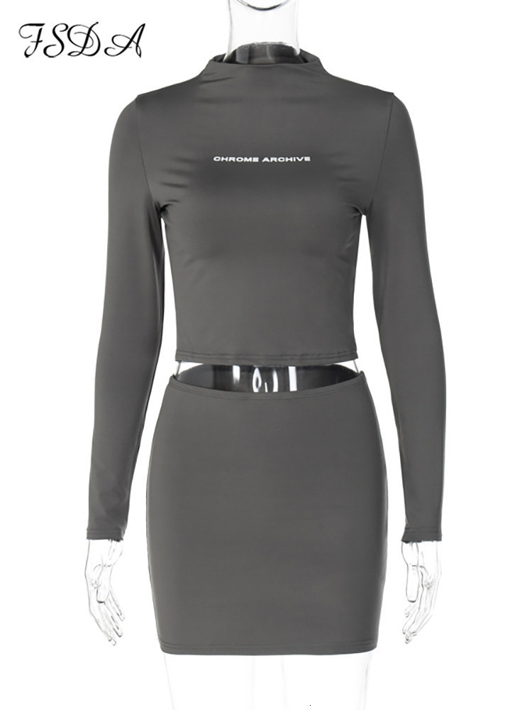 Two Piece Dress FSDA Y2K Set Casual Long Sleeve Crop Top Shirts And Mini Bodycon Skirts Black Women Sets Party Outfits Club Sexy 230324