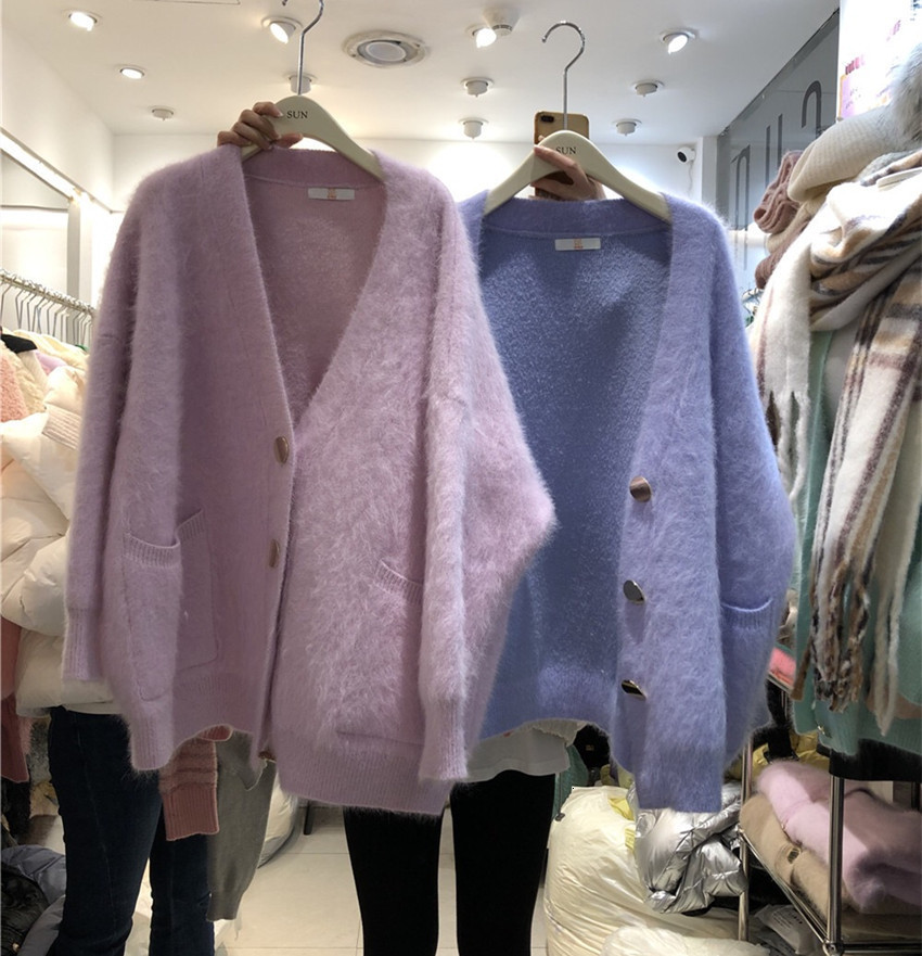 Women's Knits Tees High Quality Autumn Winter Mohair Knitted Thick Warm Sweater Coat V Neck Mink Cashmere White Loose Pockets Cardigan 230324