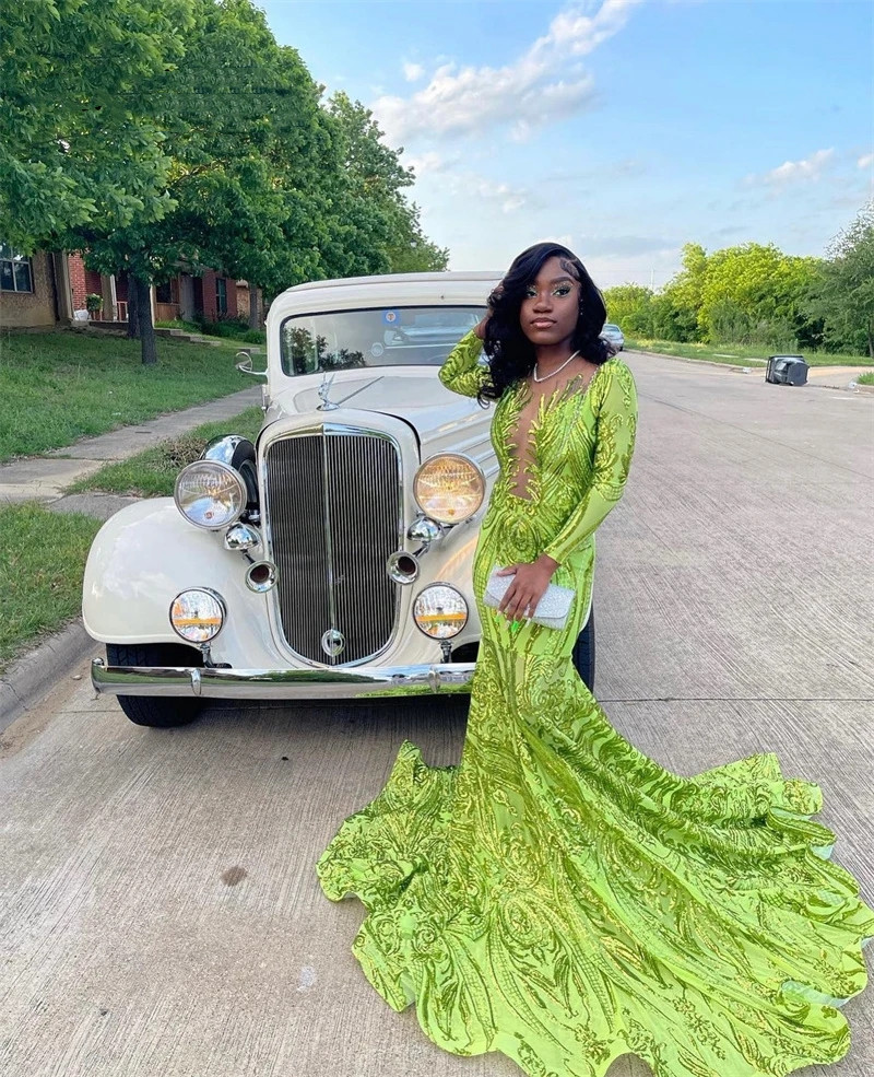 Green Arrival New Lace Mermaid Prom Dresses Sheer Neck Long Sleeves Birthday Party Dress Homecoming Gowns