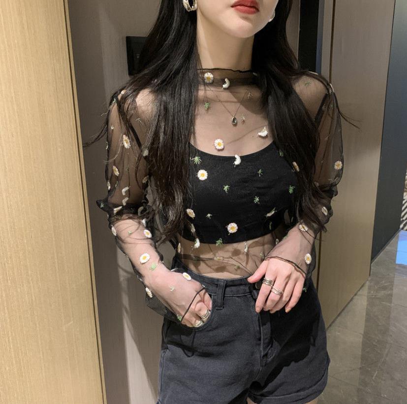 Mesh Crop Top Women's T-Shirt Long Sleeve Mock Neck Floral Embroidery Sheer See Through Tee Shirt Daisy Floral Blouse Black White Pink Apricot Gr