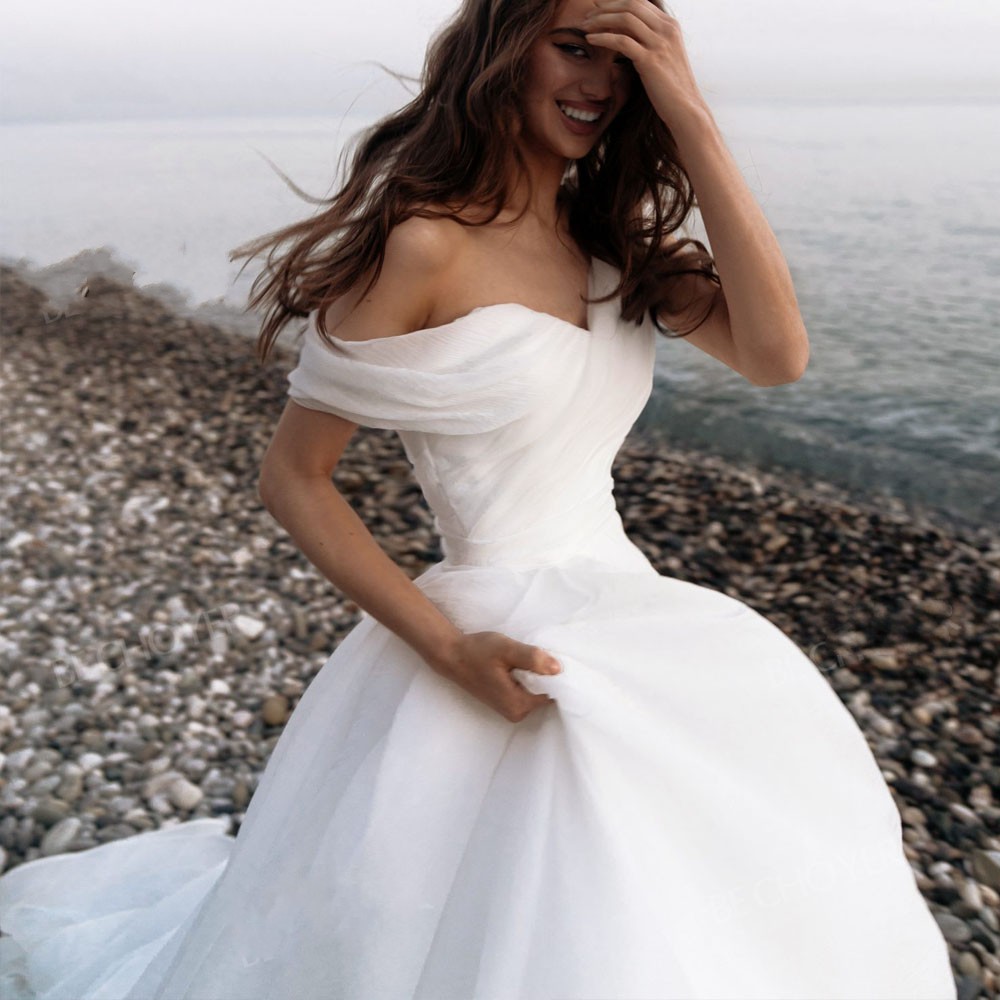 Organza Wedding Dress One Shoulder Sweetheart Mordern A-Line Zipper Bride Gown 2023 Court Train Princess Vestido de Noiva Mariage