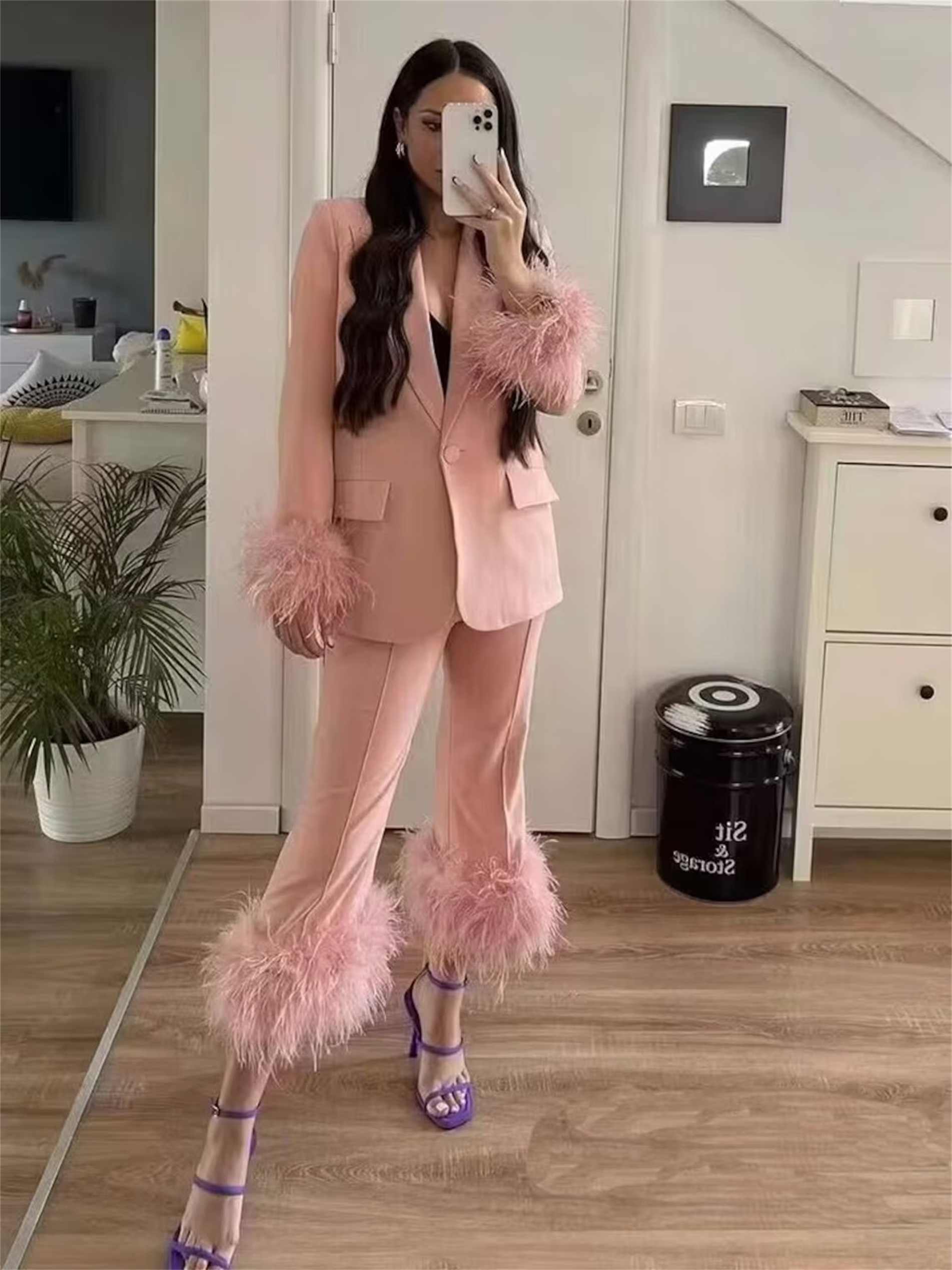 Pink Tailored Women Pants Suits Ostrich Feather Celebrity Lady Customization Prom Formal Guest Wear For Wedding 2 Pieces