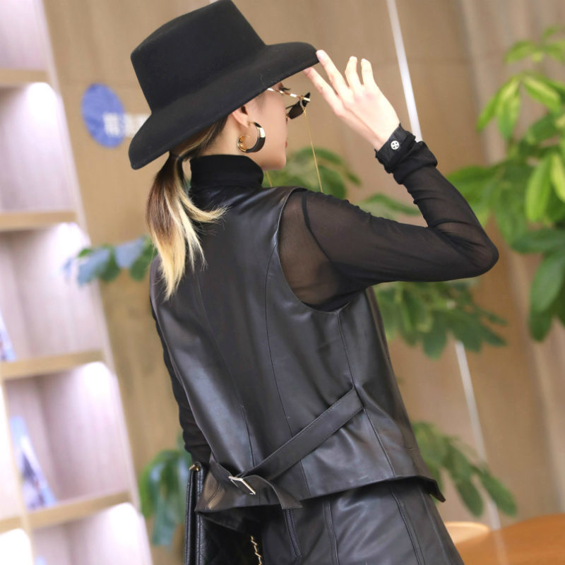 Women's Jackets Leather Vest Short Spring Autumn Sheepskin Tang Buckle Small Genuine Slim Outerwear V Neck Coat 230324