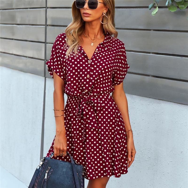 Casual Dresses Office Lady Boho Dot Print Shirt Dress Women Summer Clothing Green Bow-Knot Short Sleeve Outfit Loose Chiffon Mini
