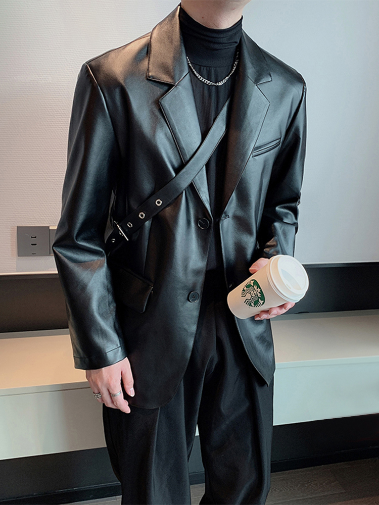 Men's Leather Faux IEFB Pu Coat Niche Korean Fashion Suit Loose Cotton Thick 2023 Autumn Solid Color Long Sleeve Male Jacket 9A5240 230324