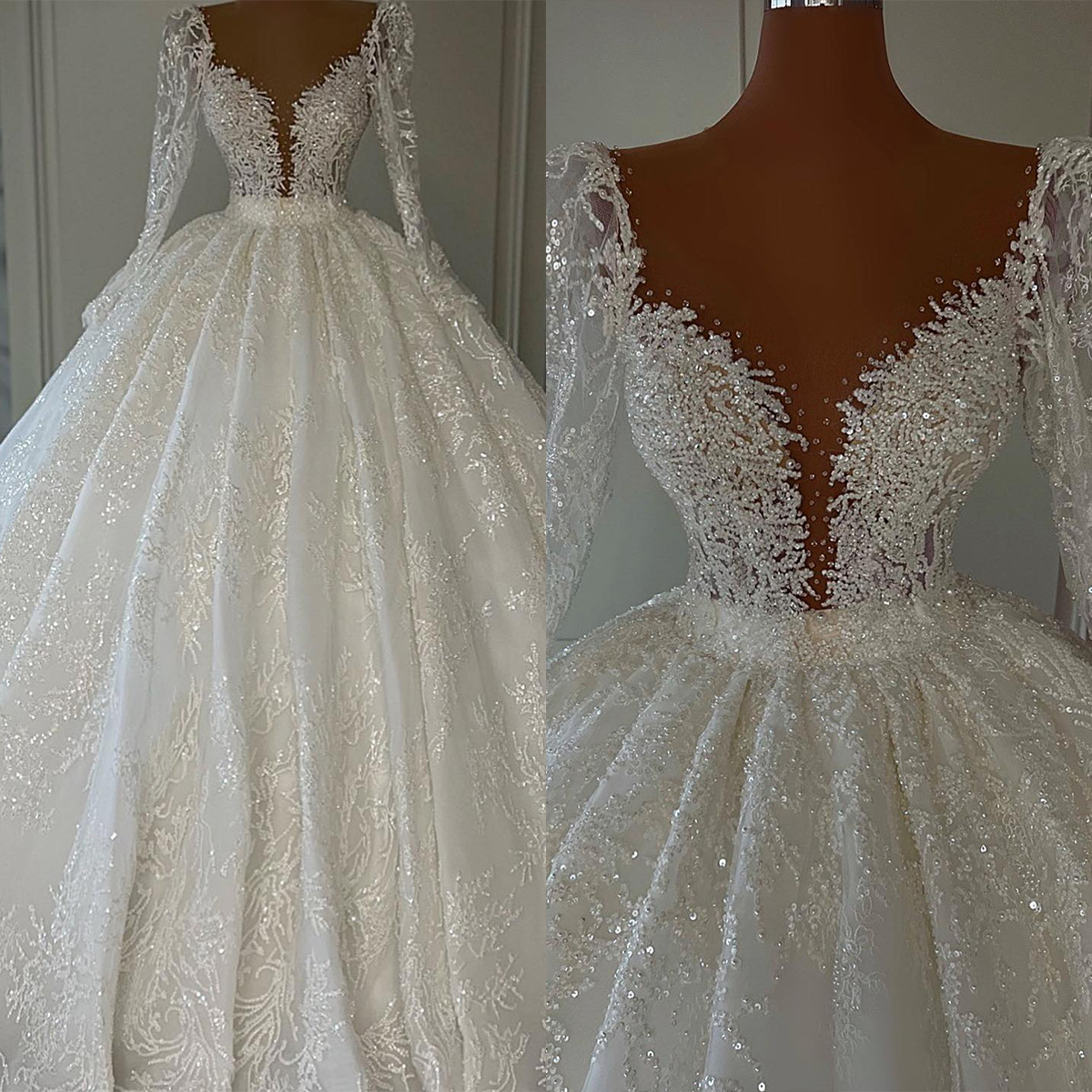 Gorgeous Ball Gown Wedding Dresses V-neck Sequins Beads Long Sleeves Applicants Pearls Backless Court Gown Pleats Custom Made Bridal Gown Plus Size Ve