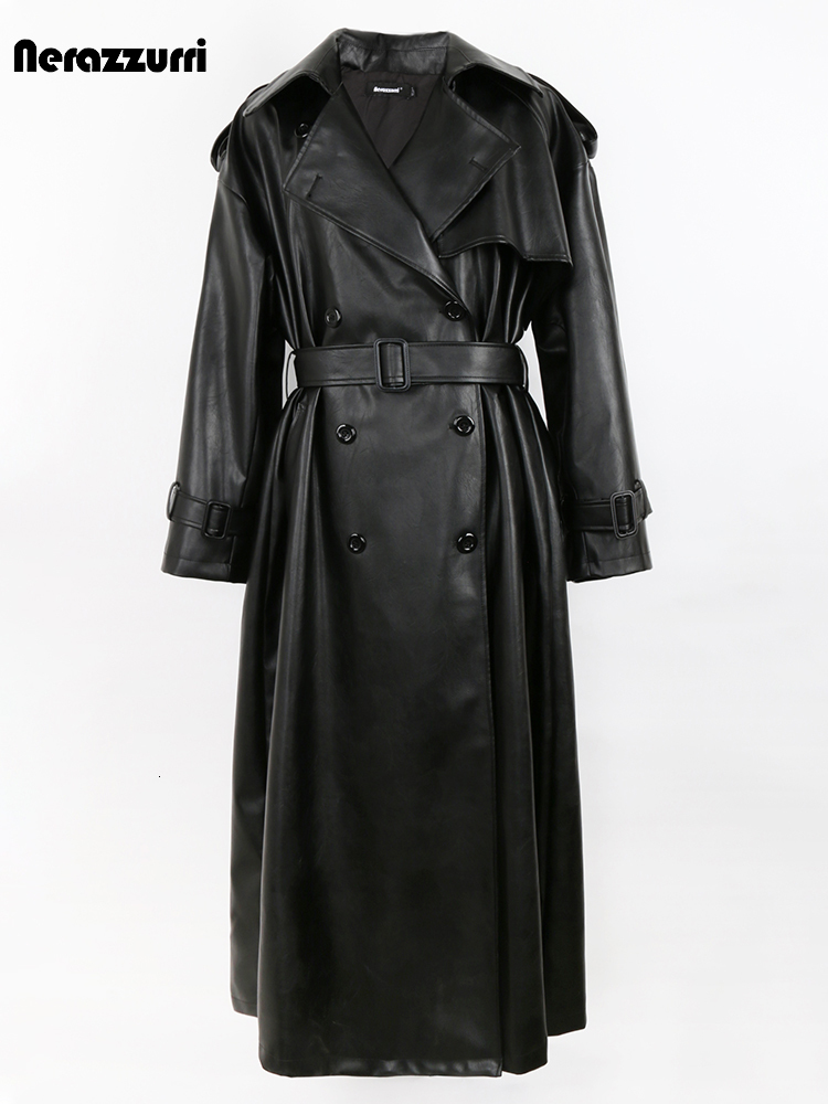 Women's Jackets Nerazzurri Spring Autumn Long Oversized Black Pu Leather Trench Coat for Women Belt Double Breasted Loose Casual Korean Fashion 2