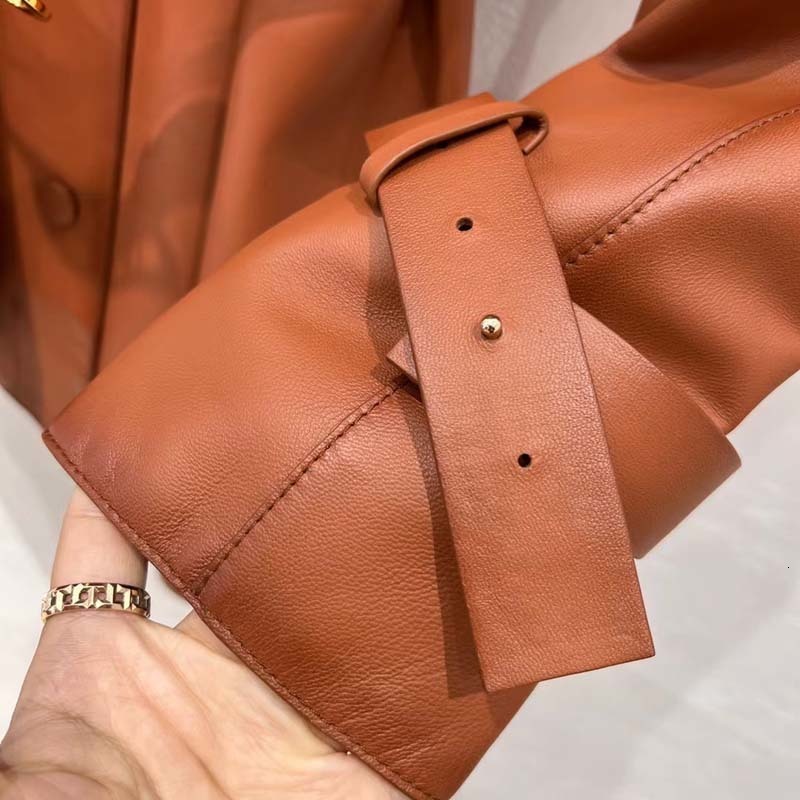 Women's Jackets Genuine Leather Jacket Women Coat Spring Top Technology TurnDown Collar 2023 Fashion Shoulder Sleeve Belted Trench 230324
