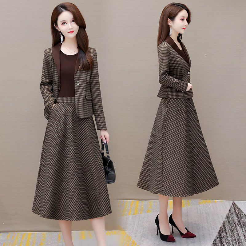 Two Piece Dres's Fashion Suit Skirt Twopiece Set Autumn and Winter Elegant Long Sleeve Vintage Blazer Coat Mid Skirts Suits 230324
