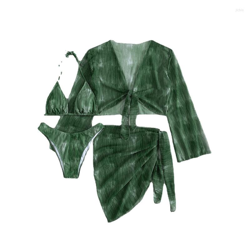 Womens Swimwear Woman Bikini Cover Up Print Transparent Mesh Fabrics Long Sleeve Summer Mini Skirt Four Pieces Lace Triangle Beachwear