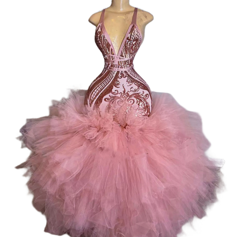 Sexy Backless Tutu Mermaid Prom Dresses Pink Sequined Long Special Occasion Gowns Brithday Party Wear African Black Girls Sleeveless V-Neck Enagement 