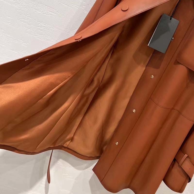 Women's Jackets Genuine Leather Jacket Women Coat Spring Top Technology TurnDown Collar 2023 Fashion Shoulder Sleeve Belted Trench 230324
