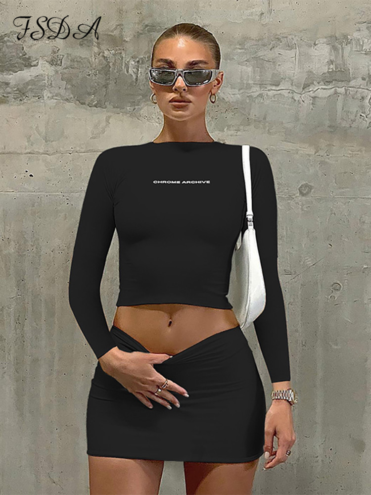 Two Piece Dress FSDA Y2K Set Casual Long Sleeve Crop Top Shirts And Mini Bodycon Skirts Black Women Sets Party Outfits Club Sexy 230324