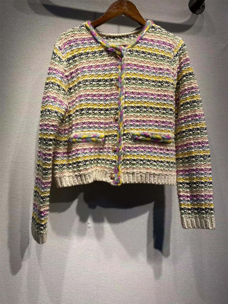 Women's Knits Tees Autumn Winter Women Rainbow Stripes Sweet Sweater Wool Blends Single Breasted Female Round Neck Knit Cardigan 230324