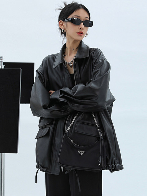 Women's Jackets Lautaro Spring Autumn Oversized Casual Waterproof Black Soft Pu Leather Jacket Women with Drop Shoulder Long Sleeve Fashion 23032