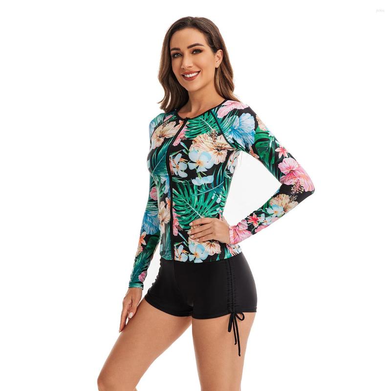 Womens Swimwear MUOLUX Sports Swimsuit Woman Two-piece Zipper Front Women 2023 Rashguard Bathing Suit Tropical Print Rash Guard