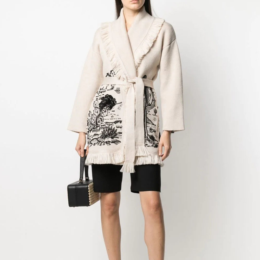 Cozy Knit Cardigan: Tassel Doodle Jacquard Loose Wool Sweater Jacket For Women ()