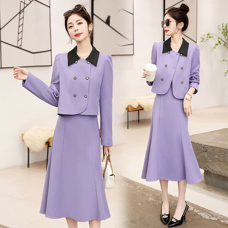 Two Piece Dress Korean Suit Small Fragrant Autumn Elegant 2 Set Office Lady Long Sleeve Crop Tops Mid ALine Skirt Suits 230324