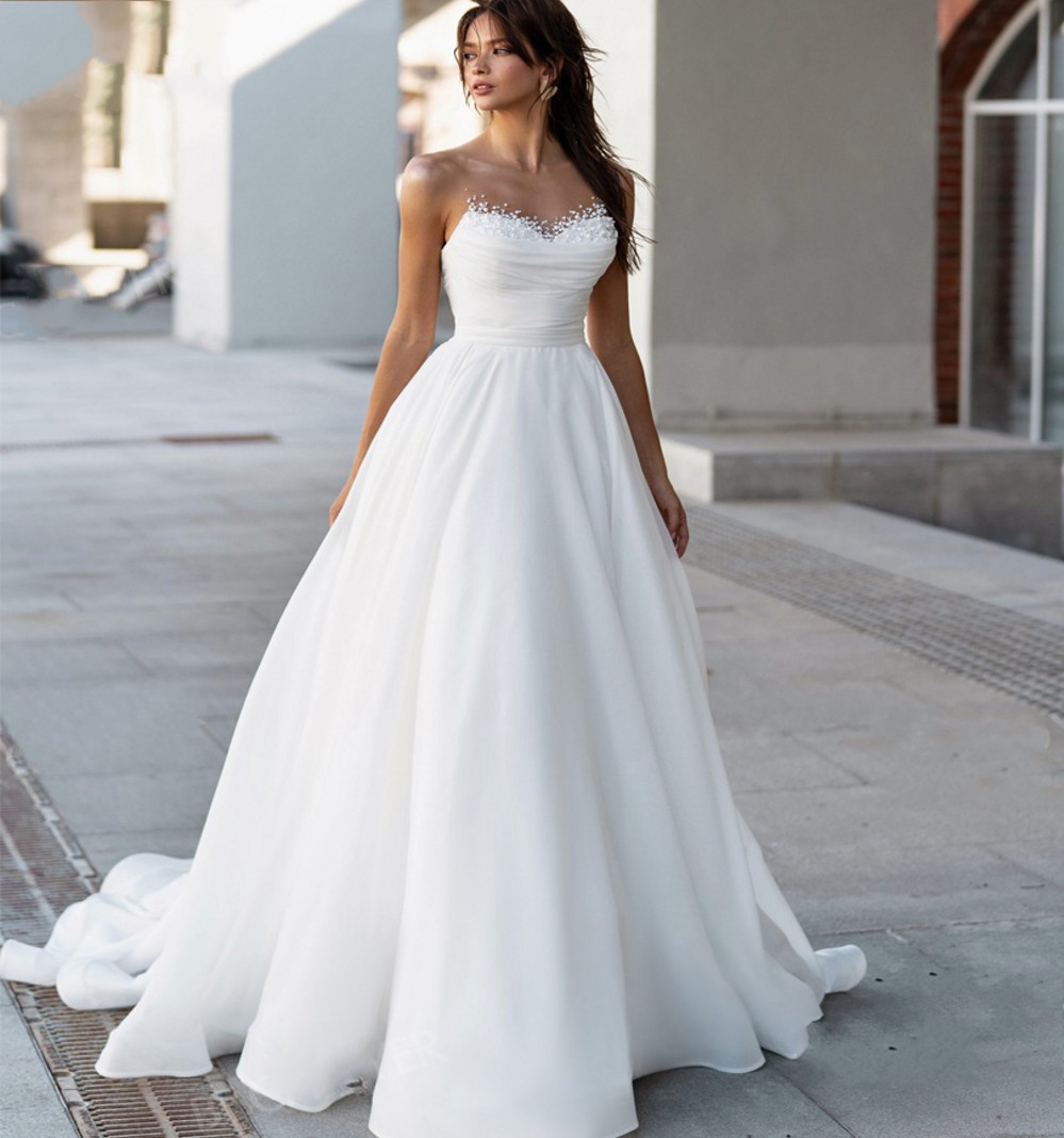 New Wedding Dress Satin Pearls A-Line Chic Sweetheart Bride Gown 2023 Court Train Princess Vestido de Noiva Mariage