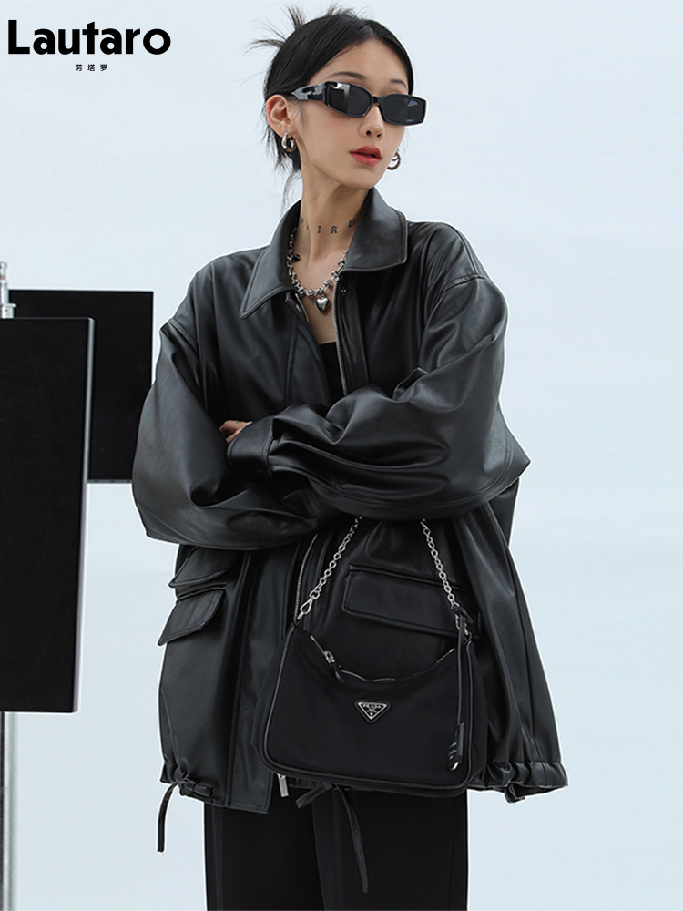 Women's Jackets Lautaro Spring Autumn Oversized Casual Waterproof Black Soft Pu Leather Jacket Women with Drop Shoulder Long Sleeve Fashion 23032