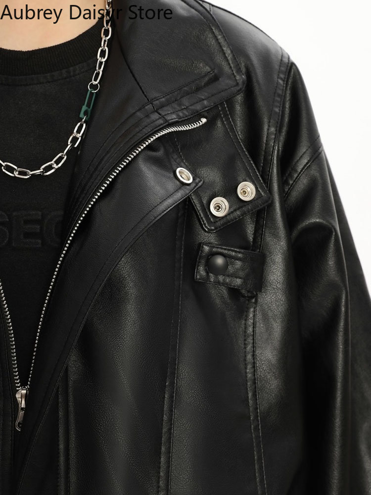 Women's Jackets Streetwear Loose Black Leather Women Punk Fashion Trend Biker Zipper High Street Vintage Chic Coat 230324