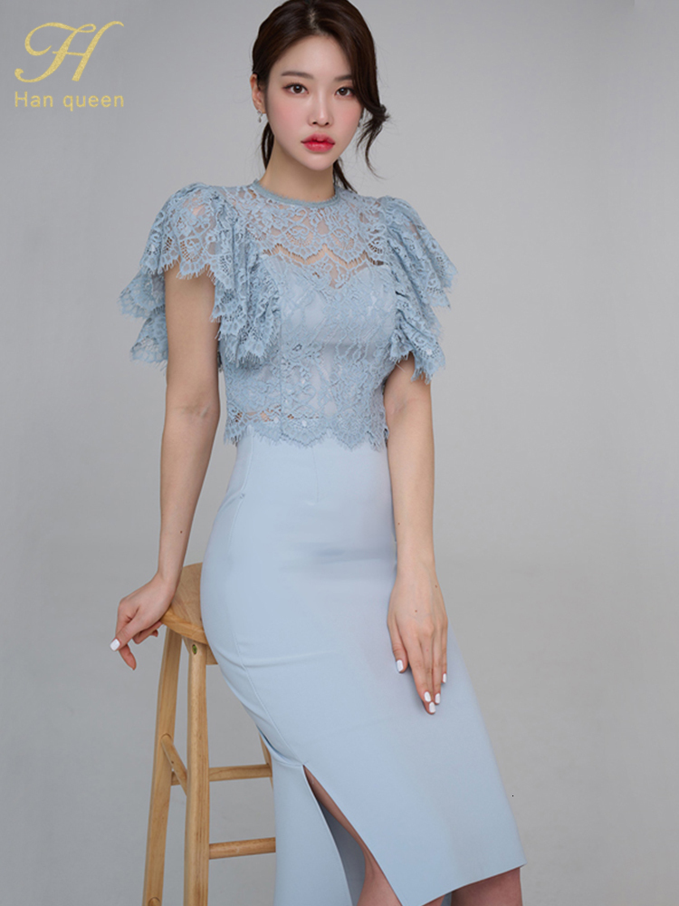 Two Piece Dress H Han Queen s Summer Women Casual 2 Pieces Set Lace Tops Simple Irregular Sheath Skirt Korean Profession Skirts Suits 230324