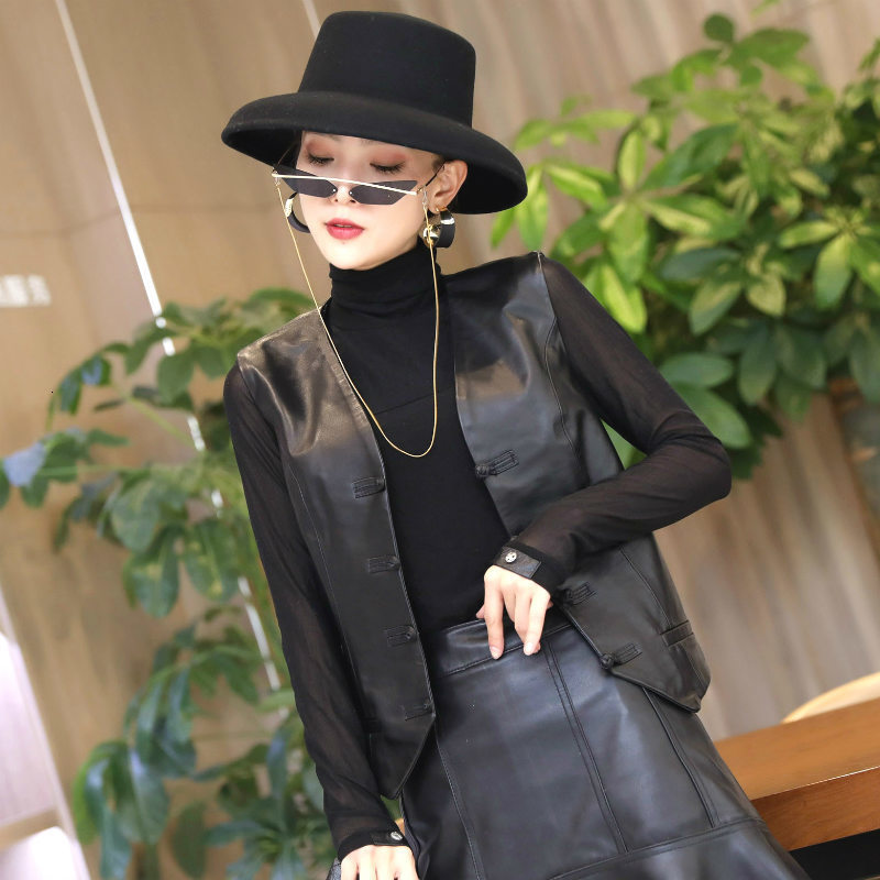 Women's Jackets Leather Vest Short Spring Autumn Sheepskin Tang Buckle Small Genuine Slim Outerwear V Neck Coat 230324