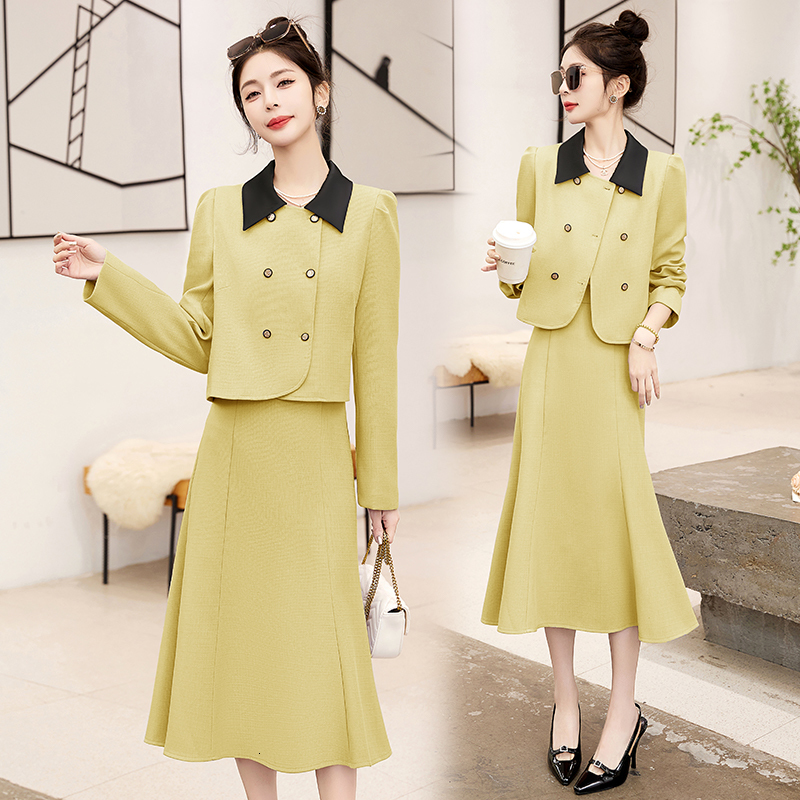Two Piece Dress Korean Suit Small Fragrant Autumn Elegant 2 Set Office Lady Long Sleeve Crop Tops Mid ALine Skirt Suits 230324