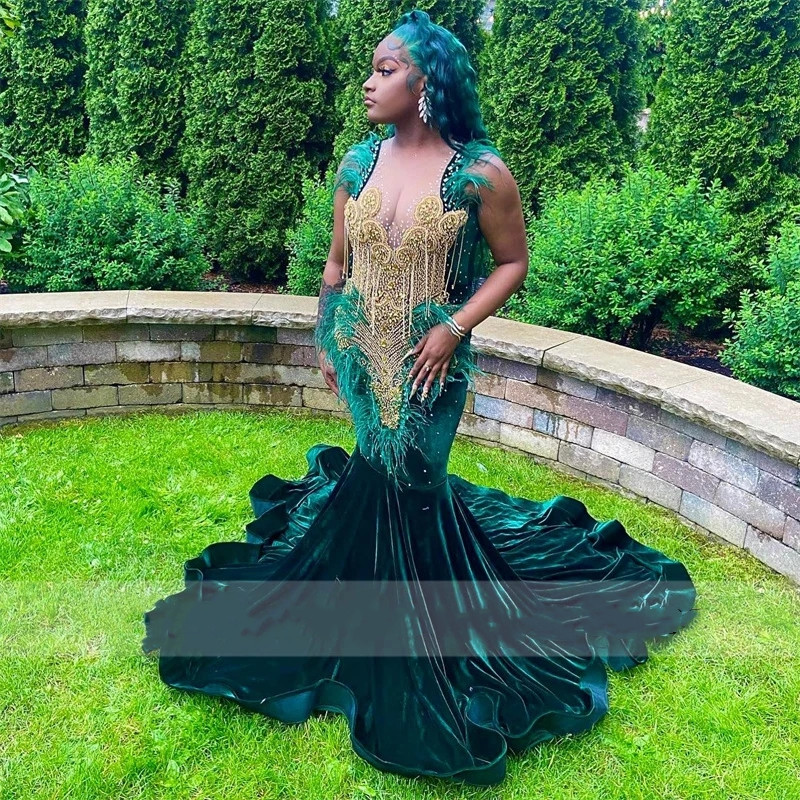Green Sexy Sparkly Mermaid Prom Veet Sheer Neck Feathers Beads Crystal Graduation Party Dress Robe De Bal 0228Lz