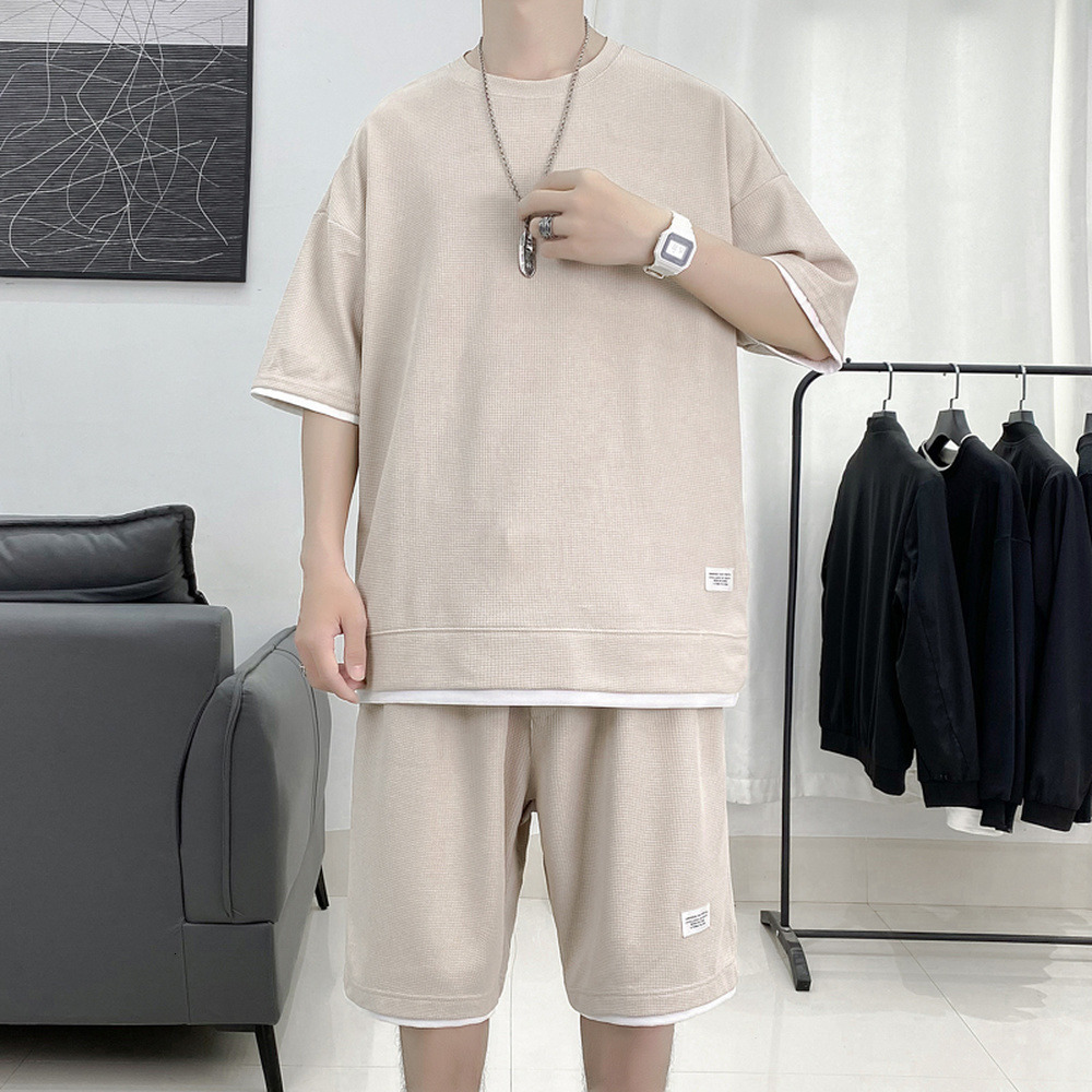 Men's Tracksuits Waffle Pattern 2 Piece Men Shorts Set Summer Tracksuit Men Fashion Clothing Harajuku Style Japan Fashion Loose Fit Sweatsuit 230