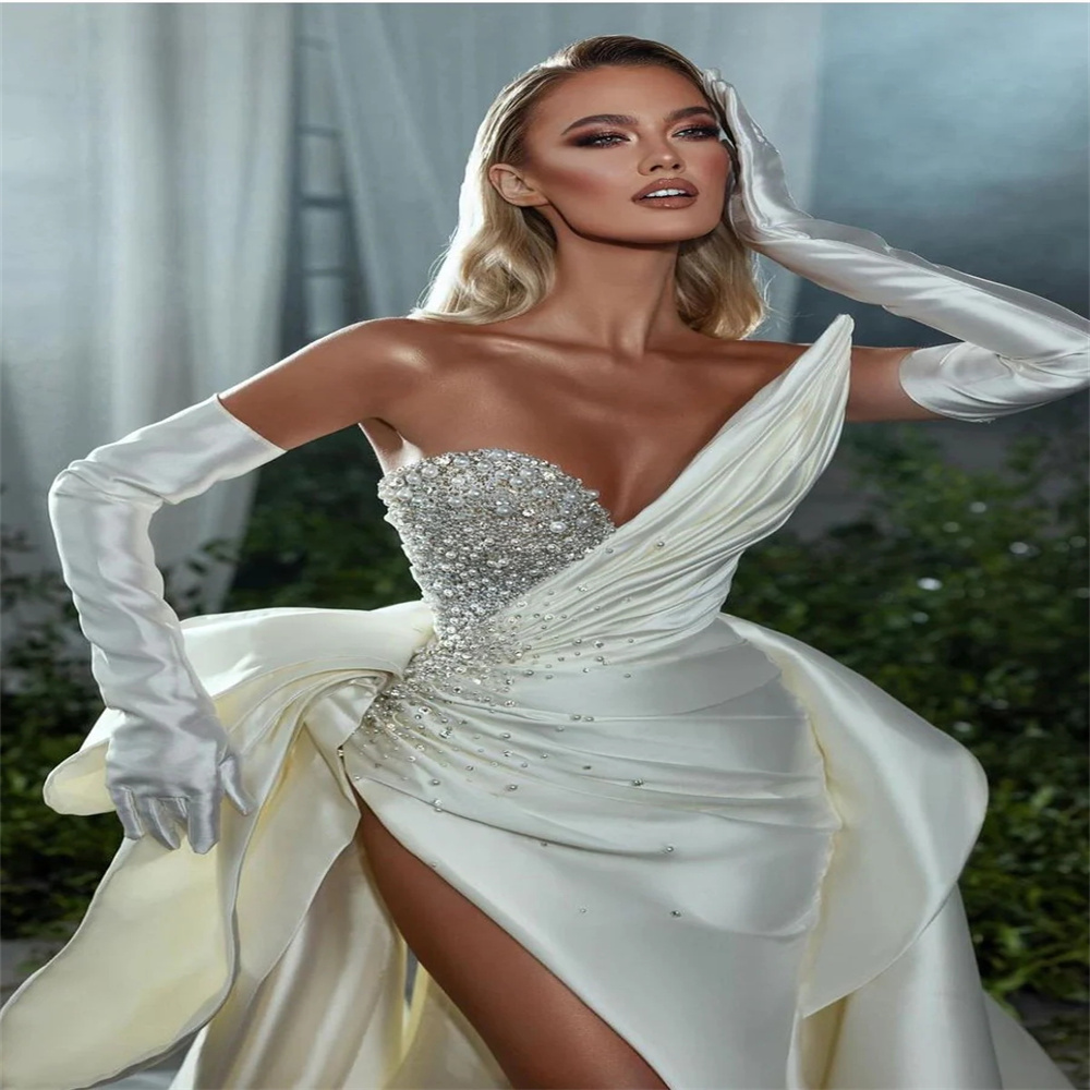 Luxury Ivory Wedding Dress With Pearls Elegant Mermaid Boho Beach Bridal Gowns Sexy High Slit Silk Satin 2023 Robe De Mariee Garden Women Custom Vesti