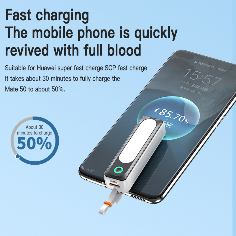 Mini Portable Power Bank 5000mAh Charger Fast Charging Slim External Battery Internal Cable For iPhone Xiaomi Huawei QC3.0