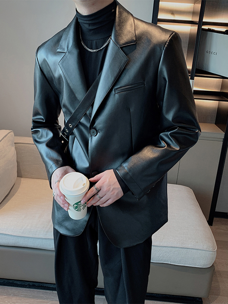 Men's Leather Faux IEFB Pu Coat Niche Korean Fashion Suit Loose Cotton Thick 2023 Autumn Solid Color Long Sleeve Male Jacket 9A5240 230324