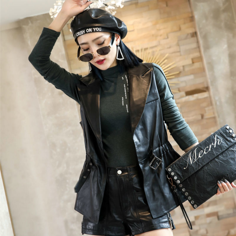 Women's Jackets Leather Vest Waistcoat Spring Autumn Suit Collar Nipped Waist Sheepskin Tops Belt Slim Sleeveless Female Outer wear 230324
