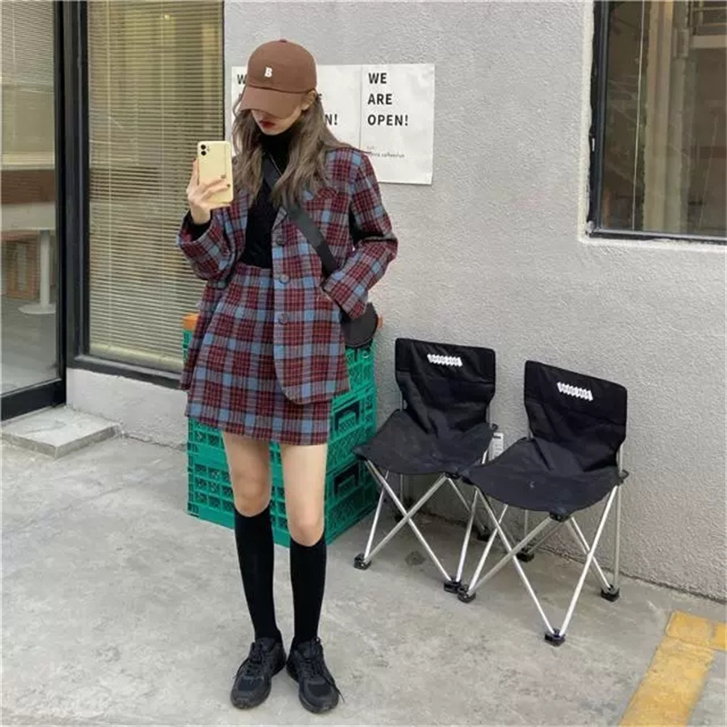 Two Piece Dress 2023 Spring Autumn Blazers Retro Plaid Woolen Suit Jackets Short Skirts Fashion Twopiece Sets For Women Clothing jp410 230324