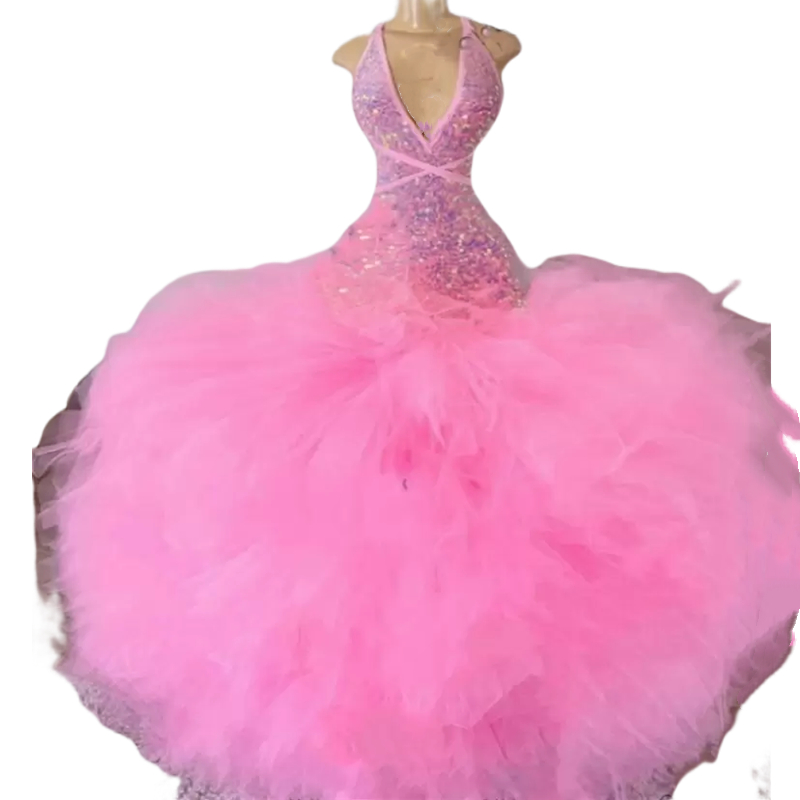 Glitter Pink Tutu Tulle Mermaid Prom Dresses Sexy Backless Sleeveless Long Brithday Party Gowns African Sequined Evening Wear For Black Girls 2023