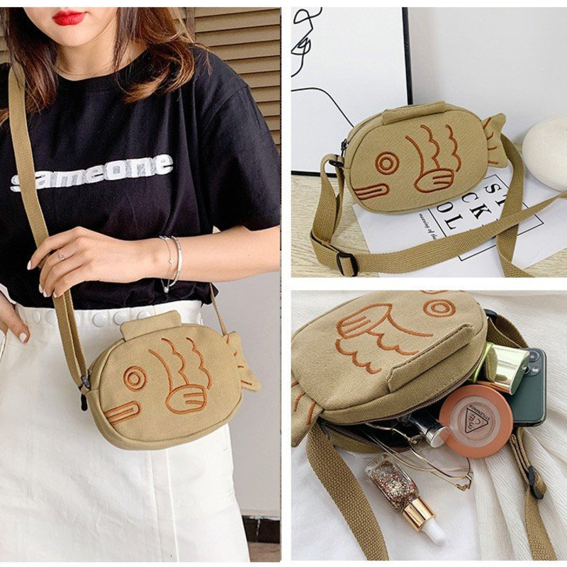 Waist Bags Cute Canvas Messenger Bag Embroidery Fish Shape Torebka Listonoszka Portable Zippered Small Purses Handbags Mini Crossbody Bag 230324