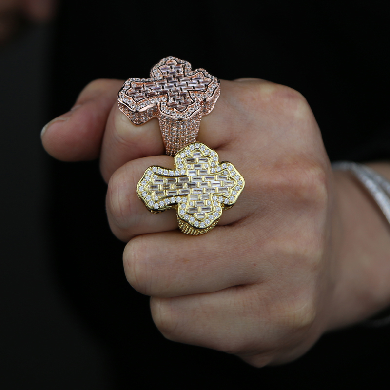New Arrive Cross Finger Ring Iced Out Cubic Zircon Prong Setting Cz Fashion Luxulry Men Boy Hip Hop Jewelry