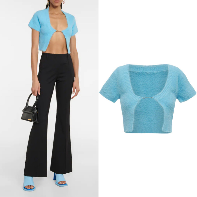 Women's Knits Tee VNeck Sexy Blue Plush Short Sweater Ladies Sleeve Soft Knitwear Cardigan Tops 230324