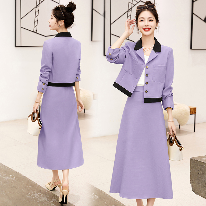 Two Piece Dress Temperament Matching Sets Retro Small Fragrant Jacket Short Coats Long Sleeve Blazer Slim Top And Mid ALine Skirt Suit Chic 230324