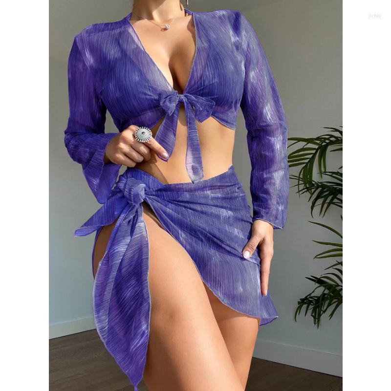 Womens Swimwear Woman Bikini Cover Up Print Transparent Mesh Fabrics Long Sleeve Summer Mini Skirt Four Pieces Lace Triangle Beachwear