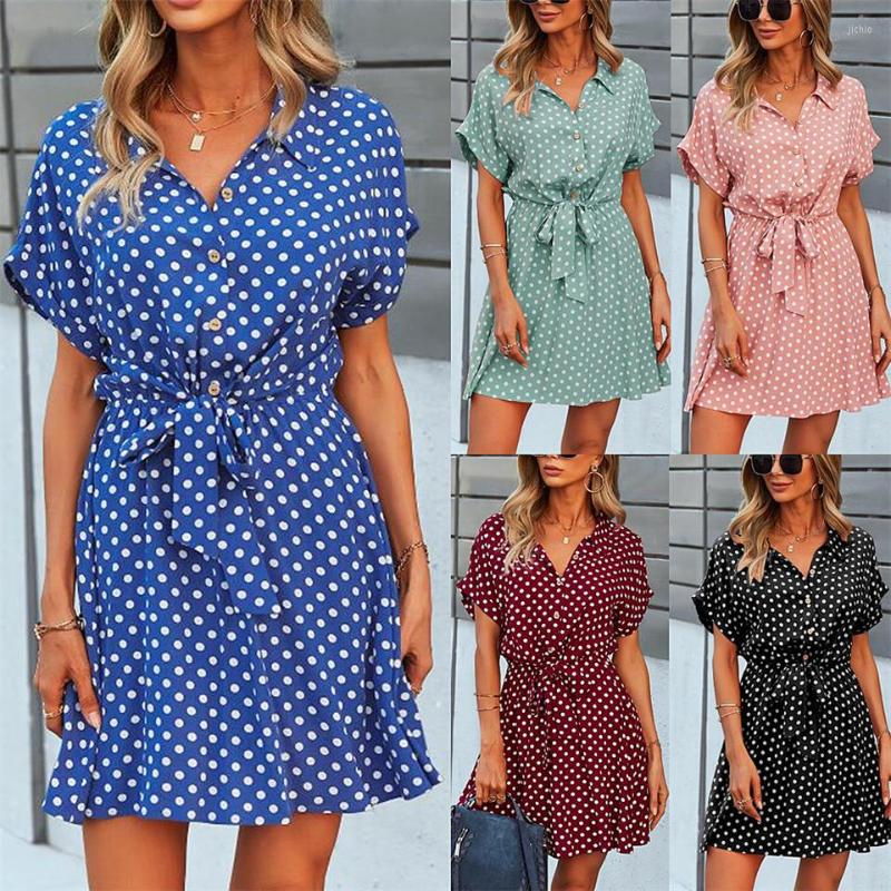 Casual Dresses Office Lady Boho Dot Print Shirt Dress Women Summer Clothing Green Bow-Knot Short Sleeve Outfit Loose Chiffon Mini