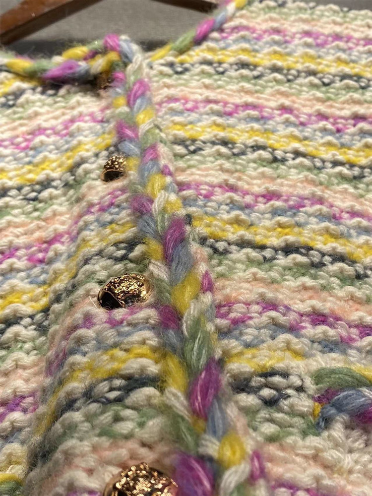 Women's Knits Tees Autumn Winter Women Rainbow Stripes Sweet Sweater Wool Blends Single Breasted Female Round Neck Knit Cardigan 230324