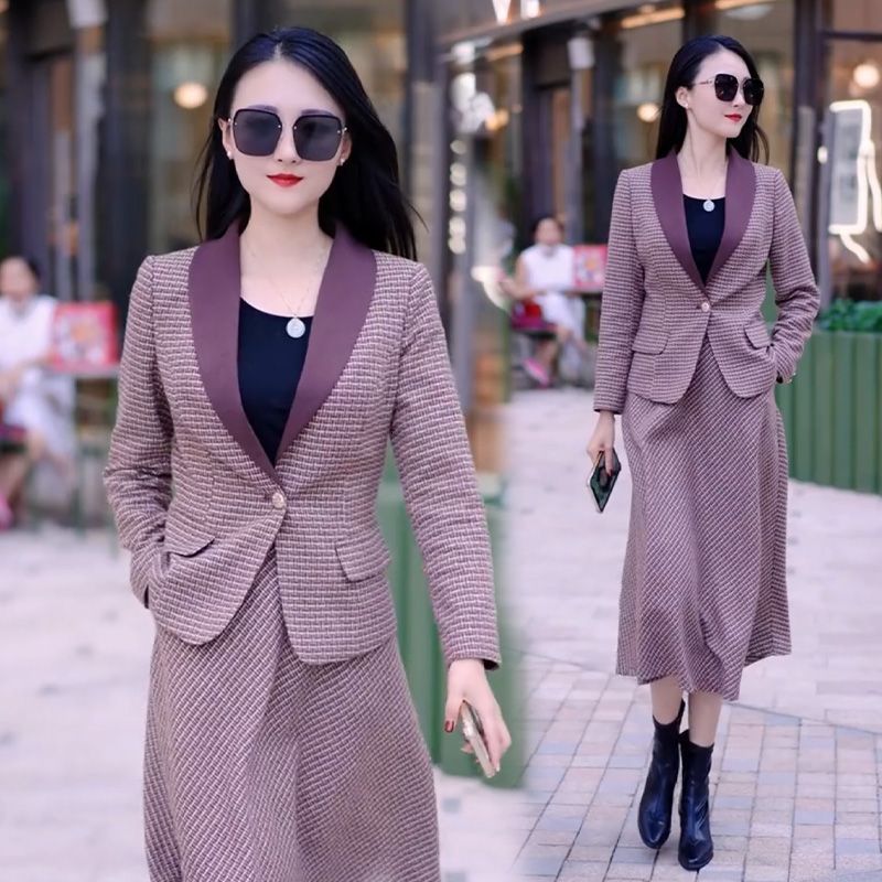 Two Piece Dres's Fashion Suit Skirt Twopiece Set Autumn and Winter Elegant Long Sleeve Vintage Blazer Coat Mid Skirts Suits 230324