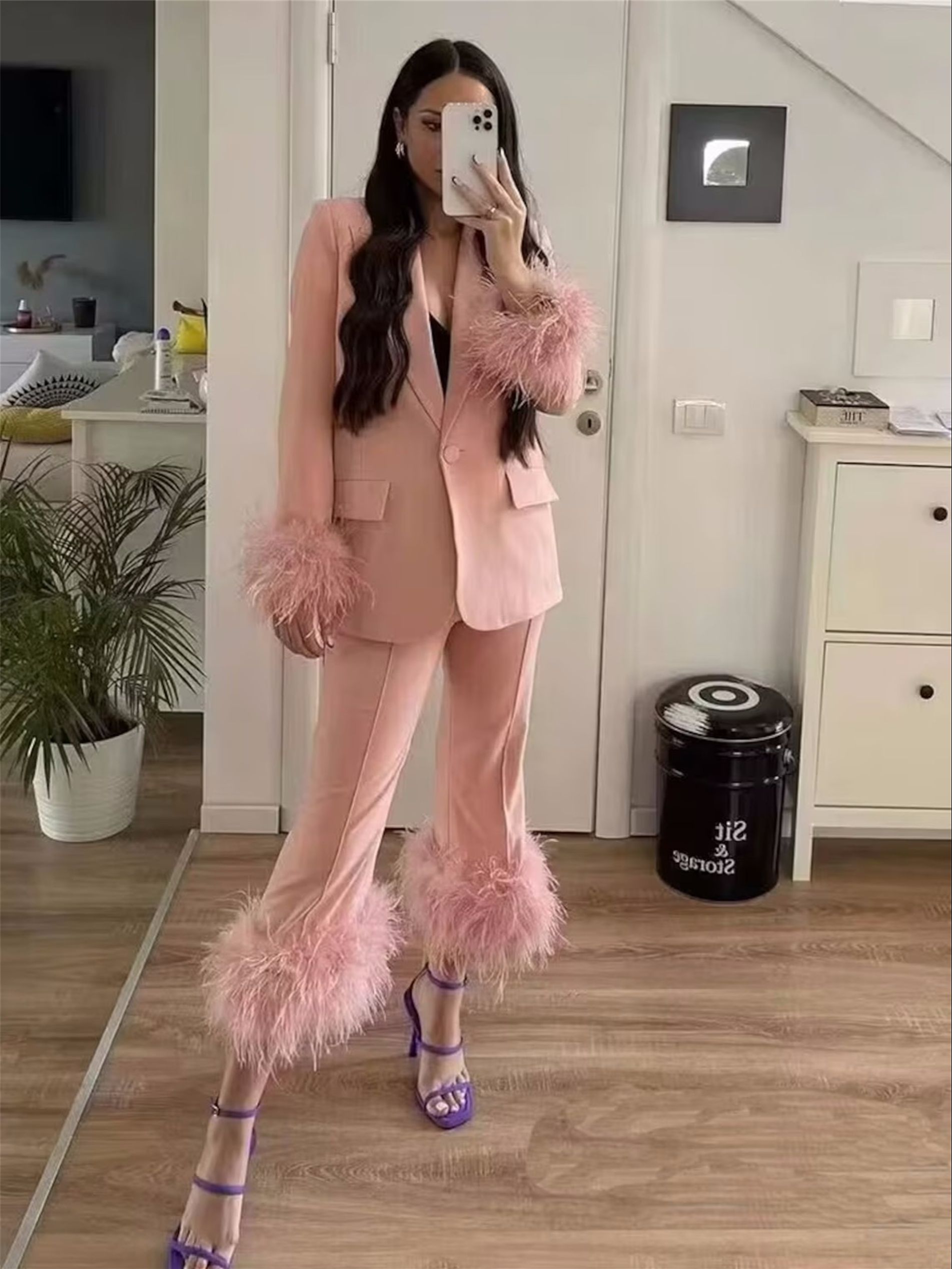 Pink Tailored Women Pants Suits Ostrich Feather Celebrity Lady Customization Prom Formal Guest Wear For Wedding 2 Pieces