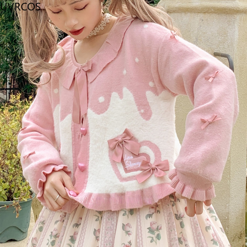 Women's Knits Tees Japan Sweet Lolita Style Knitted Cardigan Women Kawaii O Neck Heart Shaped Button Sweaters Coat Cute Puff Long Sleeve Outerwea
