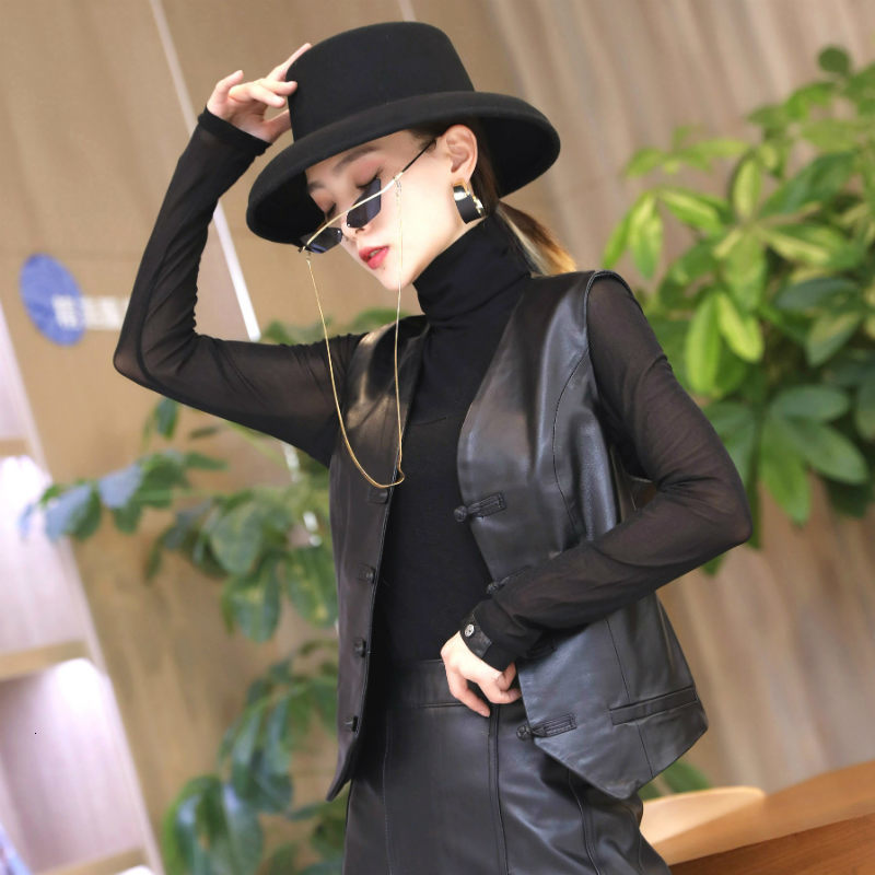 Women's Jackets Leather Vest Short Spring Autumn Sheepskin Tang Buckle Small Genuine Slim Outerwear V Neck Coat 230324