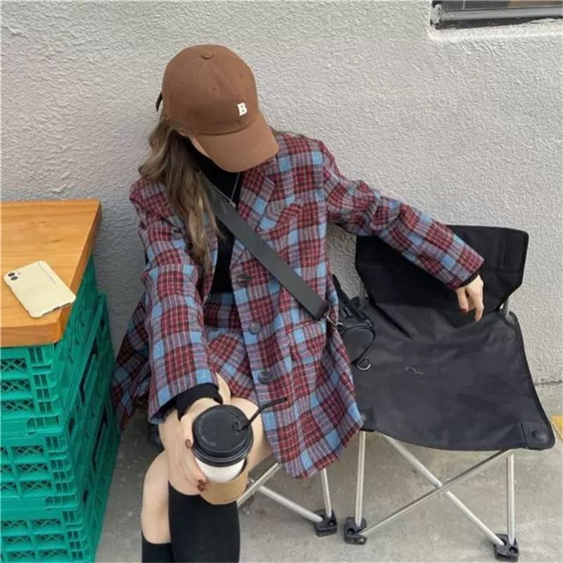 Two Piece Dress 2023 Spring Autumn Blazers Retro Plaid Woolen Suit Jackets Short Skirts Fashion Twopiece Sets For Women Clothing jp410 230324