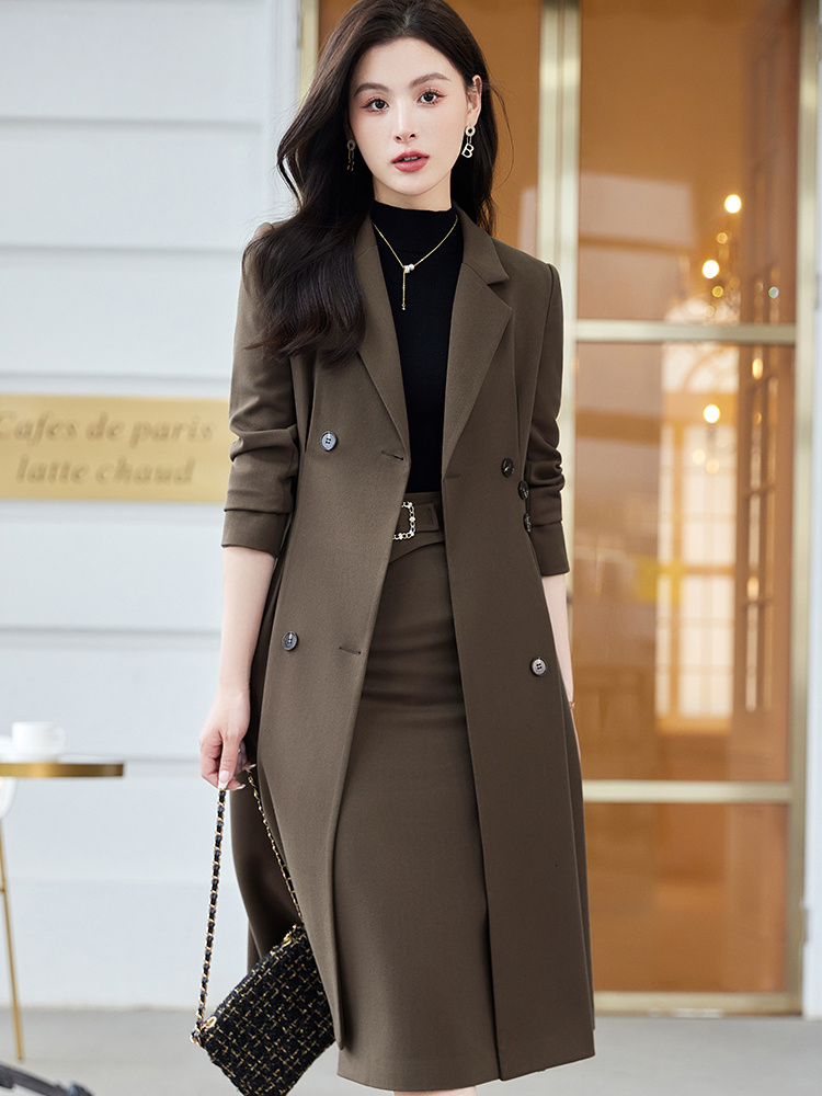 Two Piece Dress Black Apricot Coffee Office Ladies Formal Skirt Suit Women Female Long Sleeve Set for Autumn Winter Business Work Wear 230324